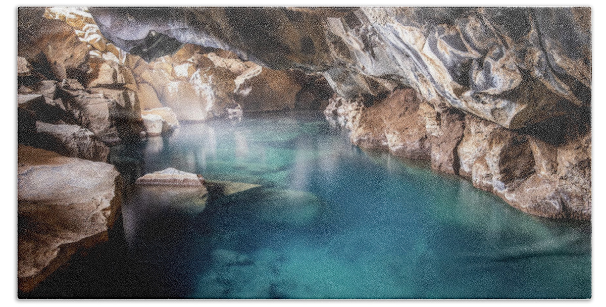 Grjotagja Bath Towel featuring the photograph Grjotagja Lava Cave in Iceland by Alexios Ntounas