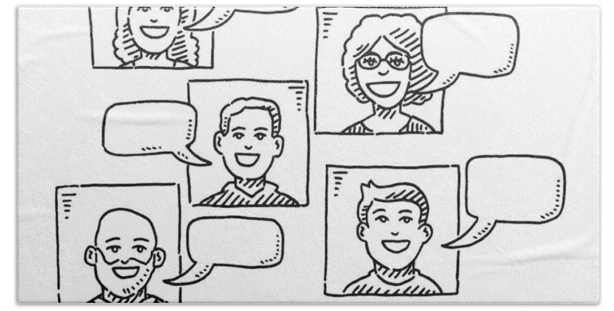 Sketch Hand Towel featuring the drawing Group Of Portraits And Empty Speech Bubbles Drawing by Frank Ramspott