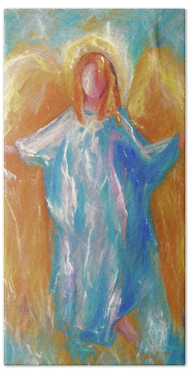 Guardian Angel Hand Towel featuring the painting Angel Of Harmony #1 by OLena Art by Lena Owens - Vibrant DESIGN