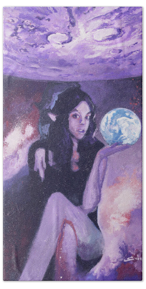 Elf Hand Towel featuring the painting Guardian of Planet Home by Sv Bell