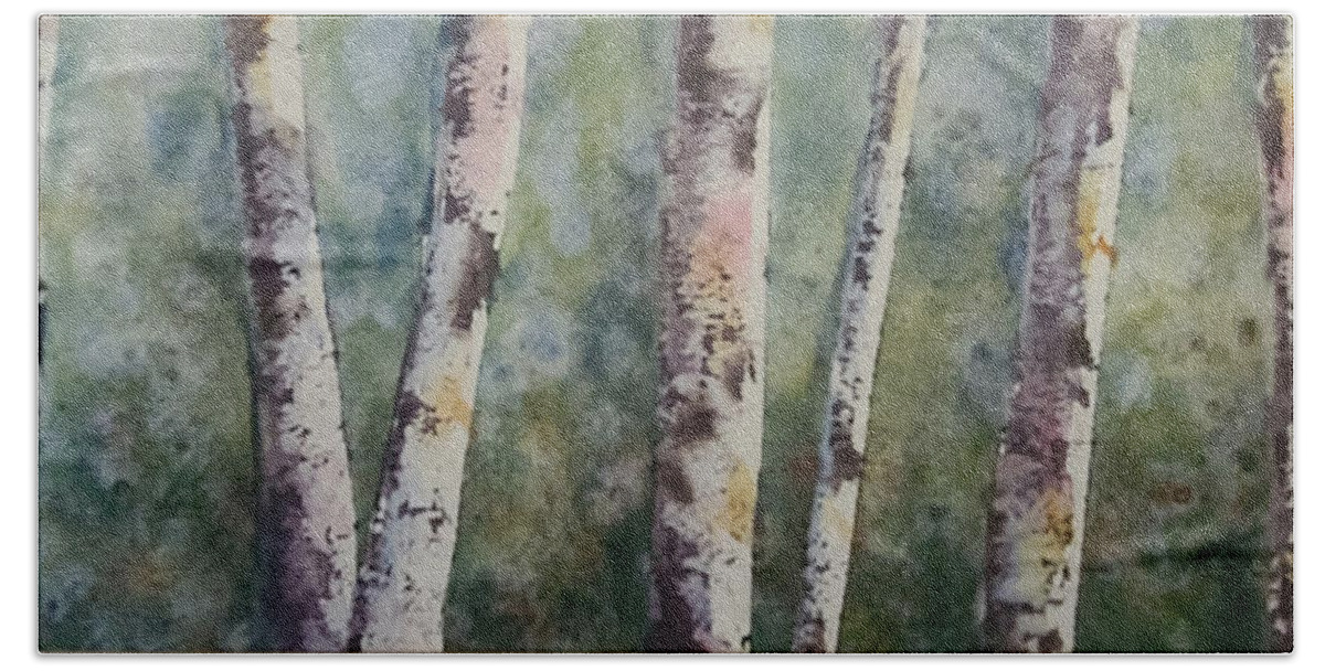 Birch Trees Bath Towel featuring the painting Guardians by Terry Ann Morris