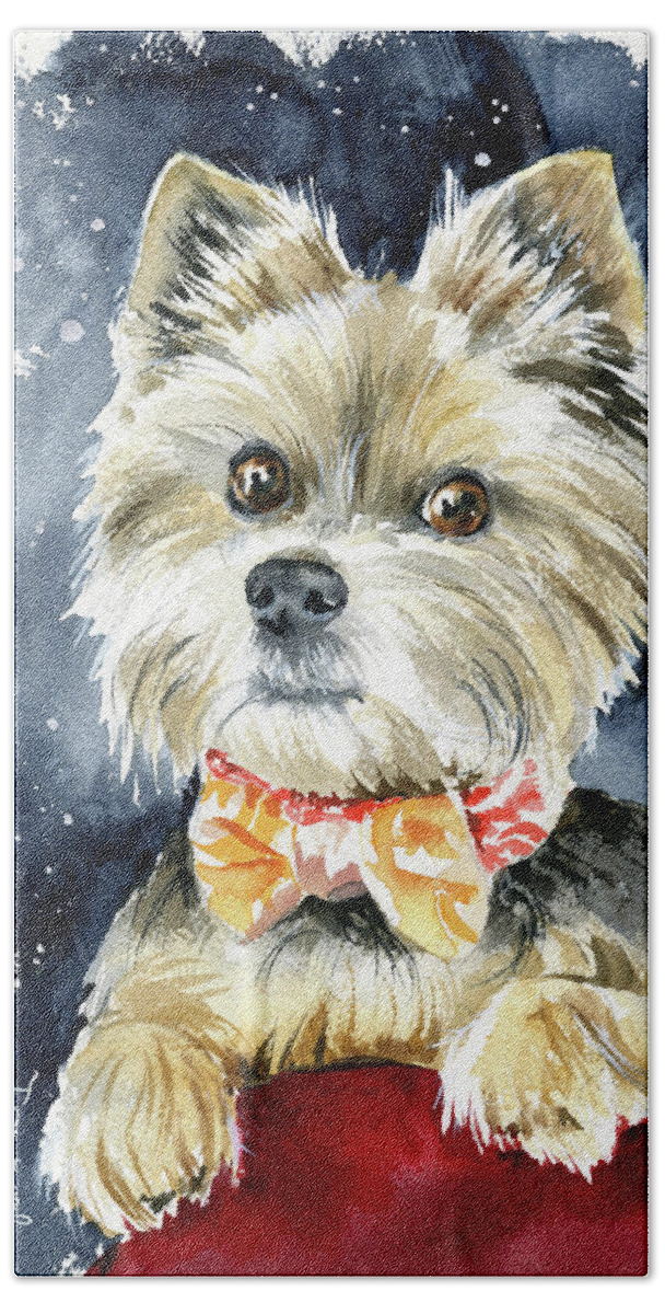 Yorkshire Bath Towel featuring the painting Guido Yorkshire Terrier Dog Painting by Dora Hathazi Mendes