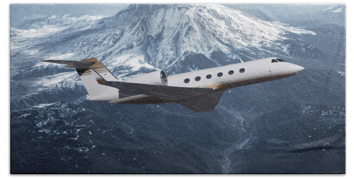 Gulfstream 550 Business Jet Bath Towel featuring the mixed media Gulfstream 550 and Mt. St. Helens by Erik Simonsen