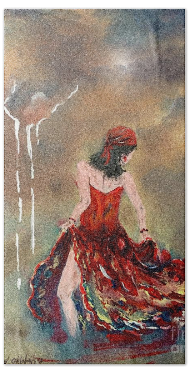 Miroslaw Chelchowski Gypsy In Red Acrylic On Canvas Painting Print Colors Red Dancer Woman Dance Clouds Sky Evening Dress Rain Music Dark Bath Towel featuring the painting Gypsy in red by Miroslaw Chelchowski