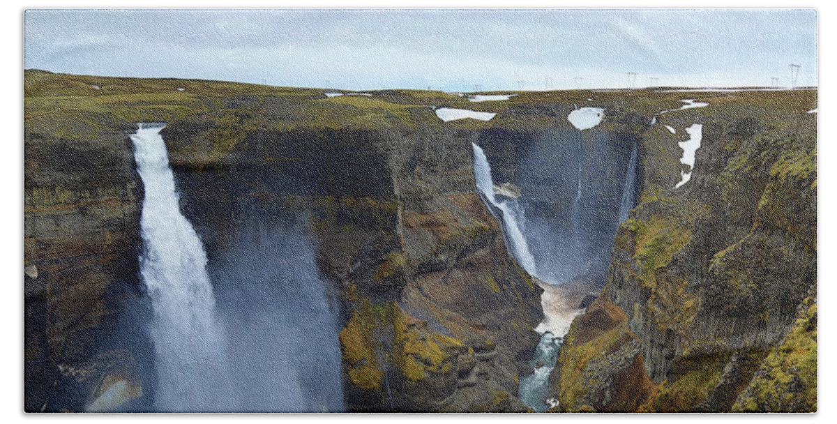 Waterfall Bath Towel featuring the photograph Haifoss and Granni Waterfalls Iceland by Richard Krebs