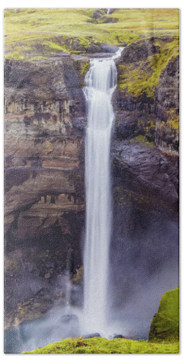 Haifoss Bath Towel featuring the photograph Haifoss waterfall, Iceland by Lyl Dil Creations