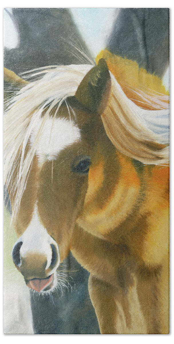 Cute Foal Bath Towel featuring the painting Hair-Do by Shannon Hastings