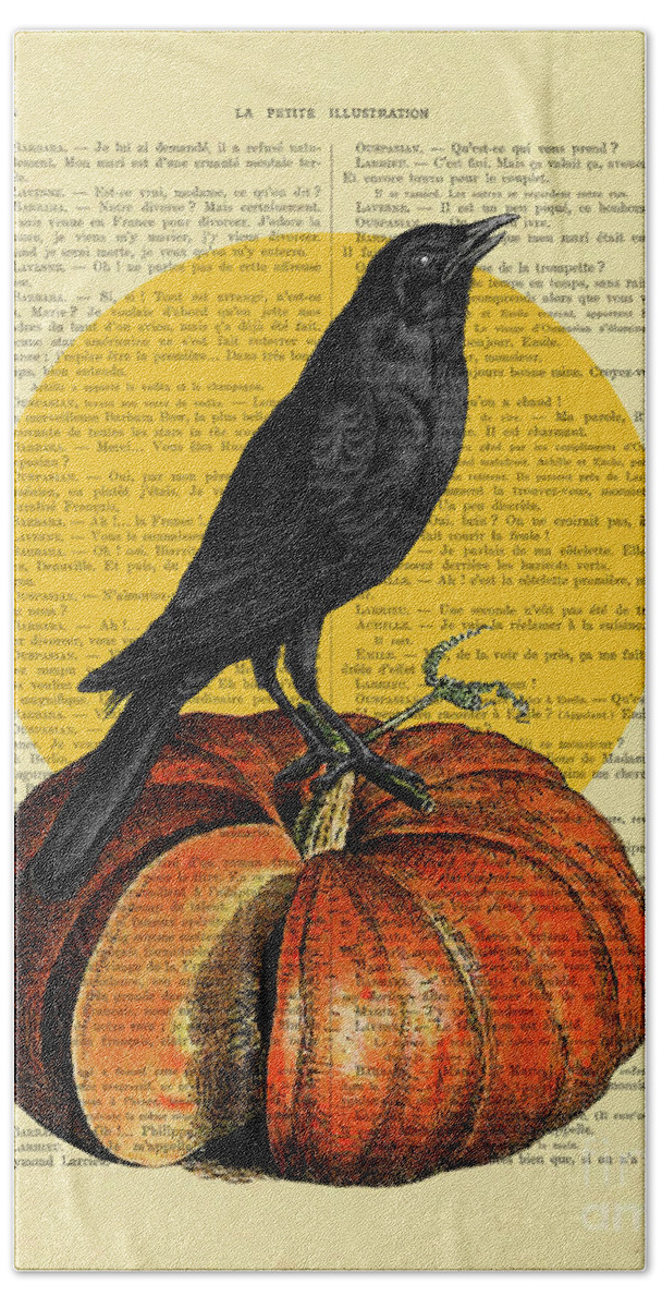 Crow Hand Towel featuring the mixed media Halloween Crow Book Page Art by Madame Memento