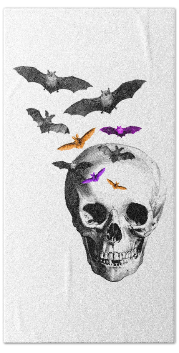 Bat Bath Towel featuring the digital art Halloween Skull with Bats by Madame Memento