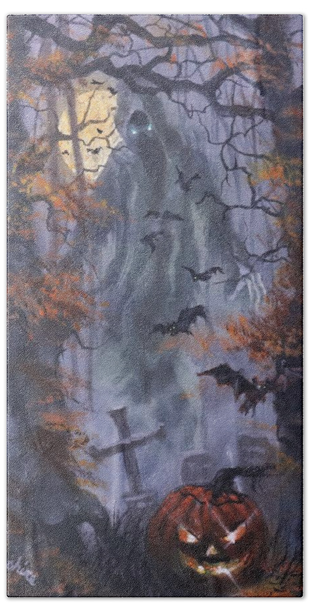 Halloween Specter Hand Towel featuring the painting Halloween Specter by Tom Shropshire