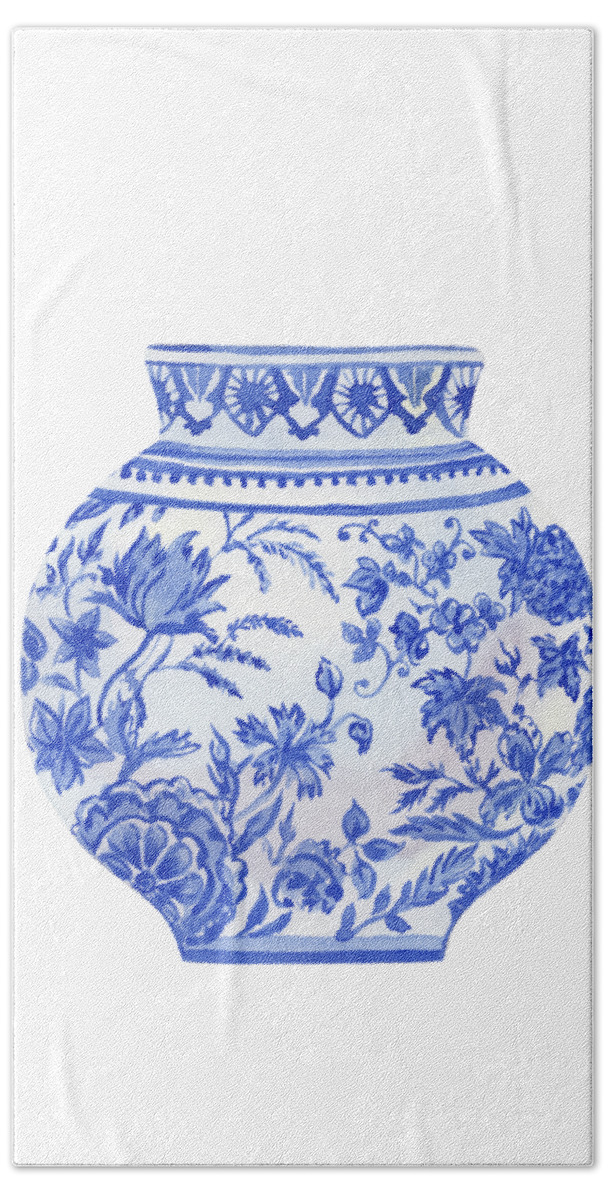 Vase Hand Towel featuring the painting Hand Painted Chinese Dynasty Porcelain Vase Watercolor In White And Blue VII by Irina Sztukowski