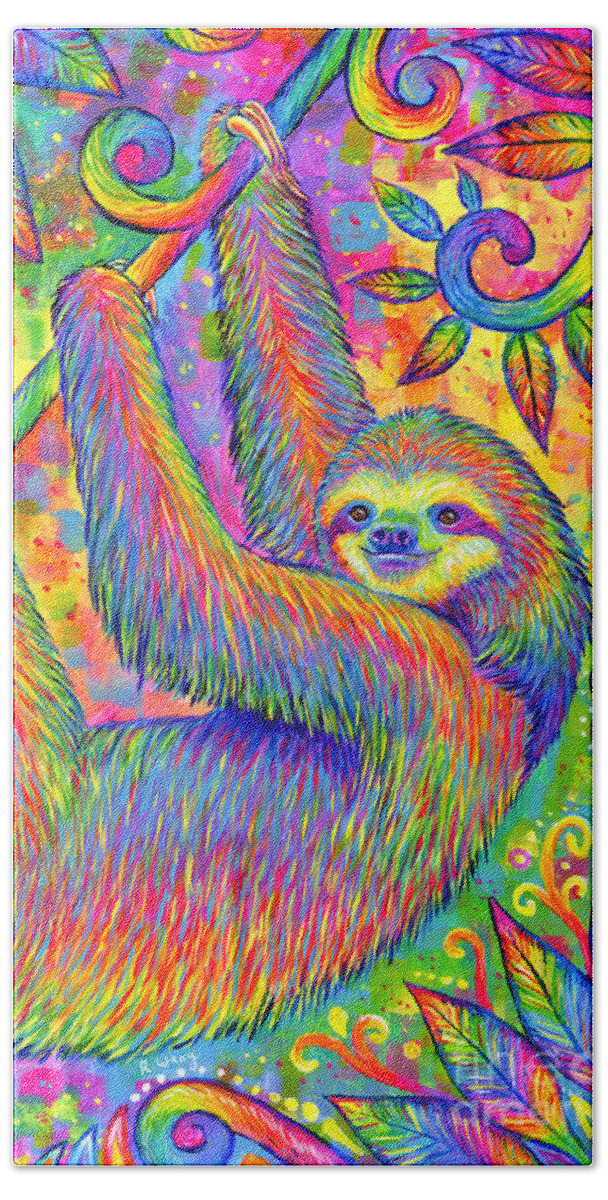 Sloth Hand Towel featuring the painting Hanging Around - Psychedelic Sloth by Rebecca Wang