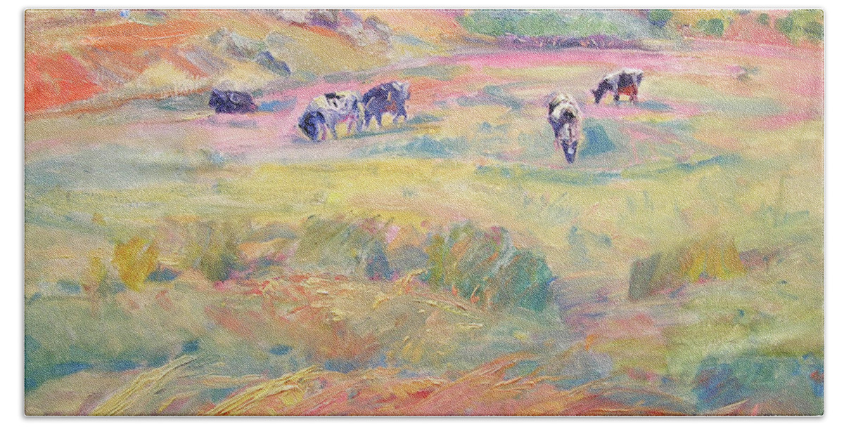 Cow Hand Towel featuring the painting Happy Cows, Tomales Bay by John McCormick