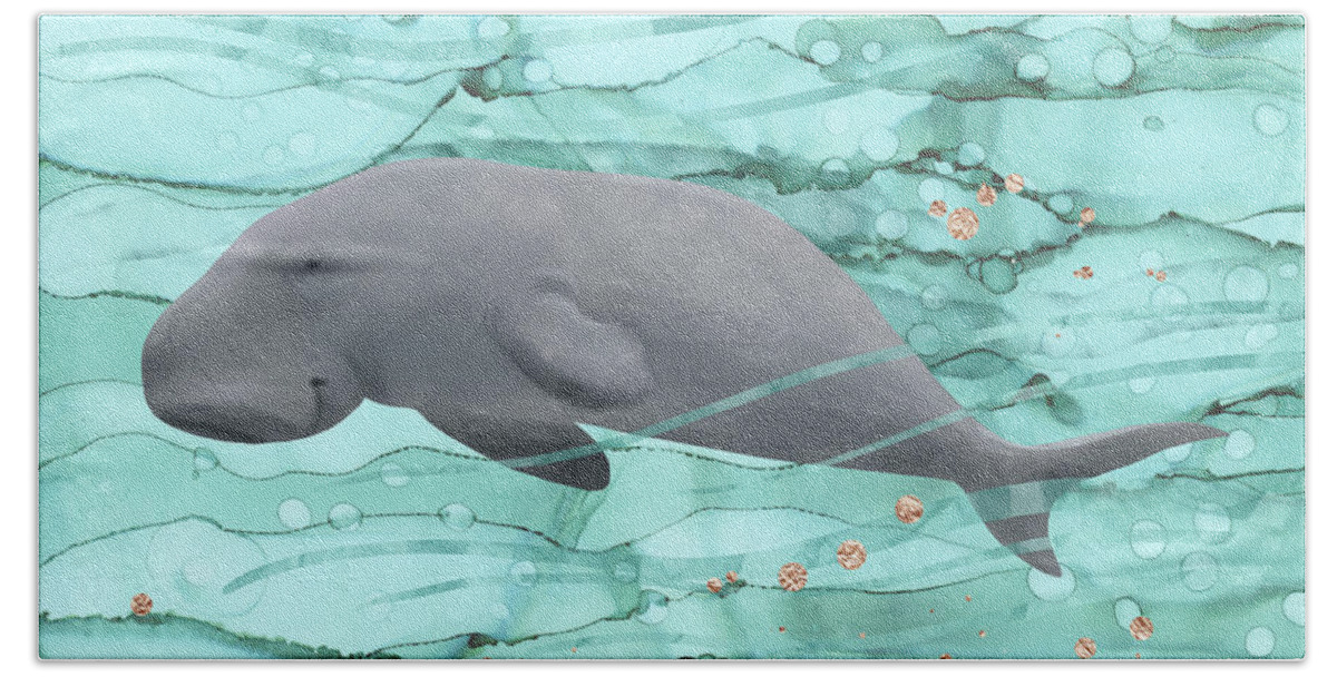Happy Manatee Bath Towel featuring the digital art Happy Dugong Swimming in Coral Reef Waters by Andreea Dumez