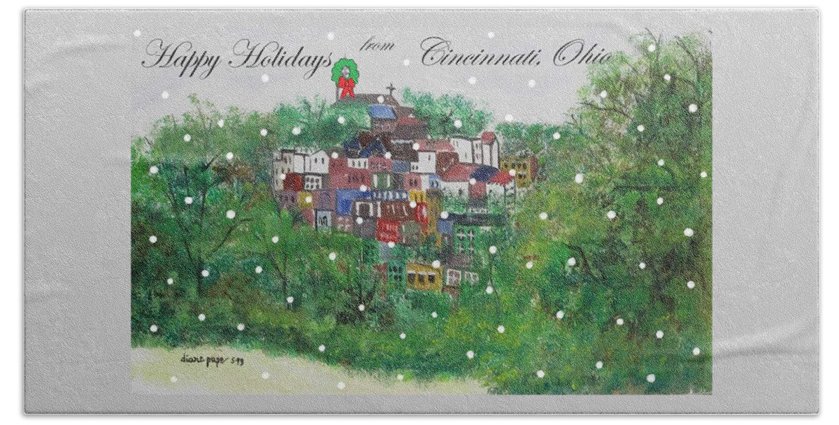 Cincinnati Mt. Adams Hand Towel featuring the painting Happy Holidays from Mt. Adams - Cincinnati, Ohio by Diane Pape