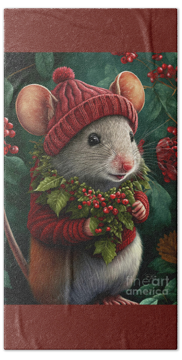 #faaadwordsbest Bath Towel featuring the painting Happy Little Christmas Mouse by Tina LeCour