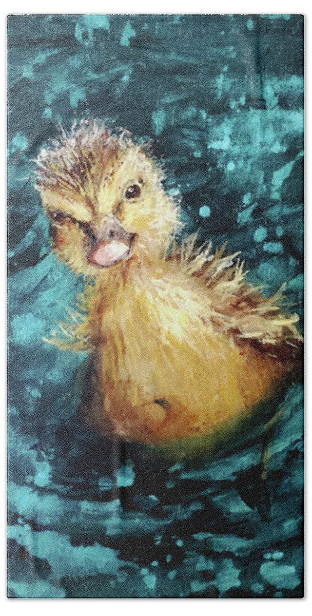 Duck Hand Towel featuring the painting Happy Little Duckling by Zan Savage