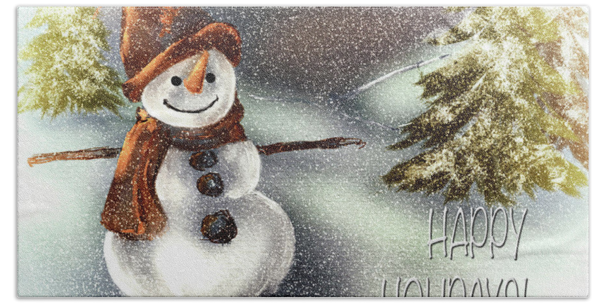 Happy Holidays Bath Towel featuring the digital art Happy Snowman Happy Holidays by Lois Bryan