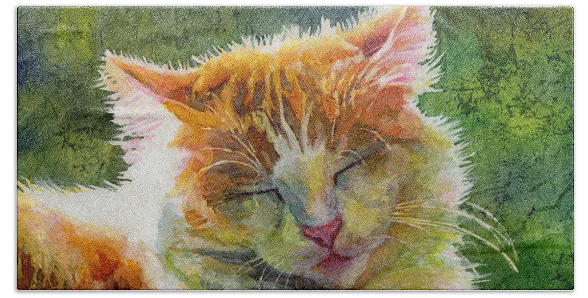 Cat Hand Towel featuring the painting Happy Sunbathing 2 by Hailey E Herrera