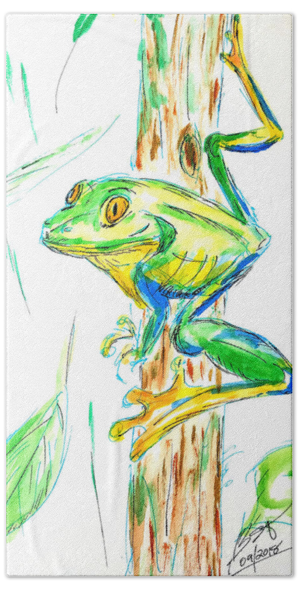 Frog Bath Towel featuring the mixed media Happy Tree Frog by Brent Knippel