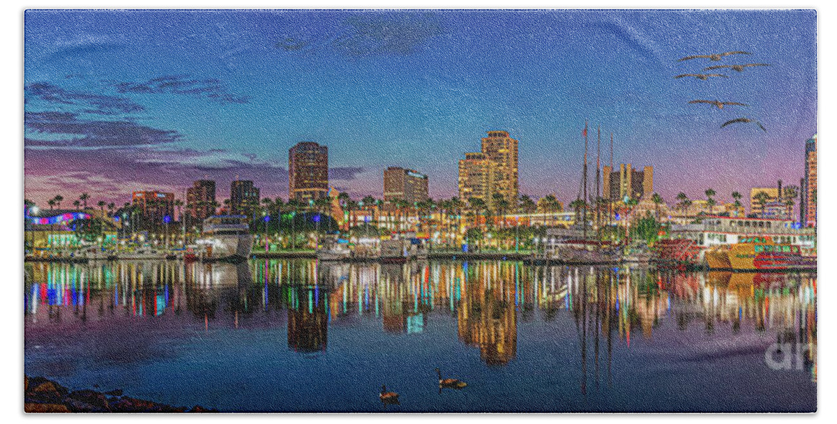 Long Beach Hand Towel featuring the photograph Harbor Magic Hour Cityscape Vista by David Zanzinger