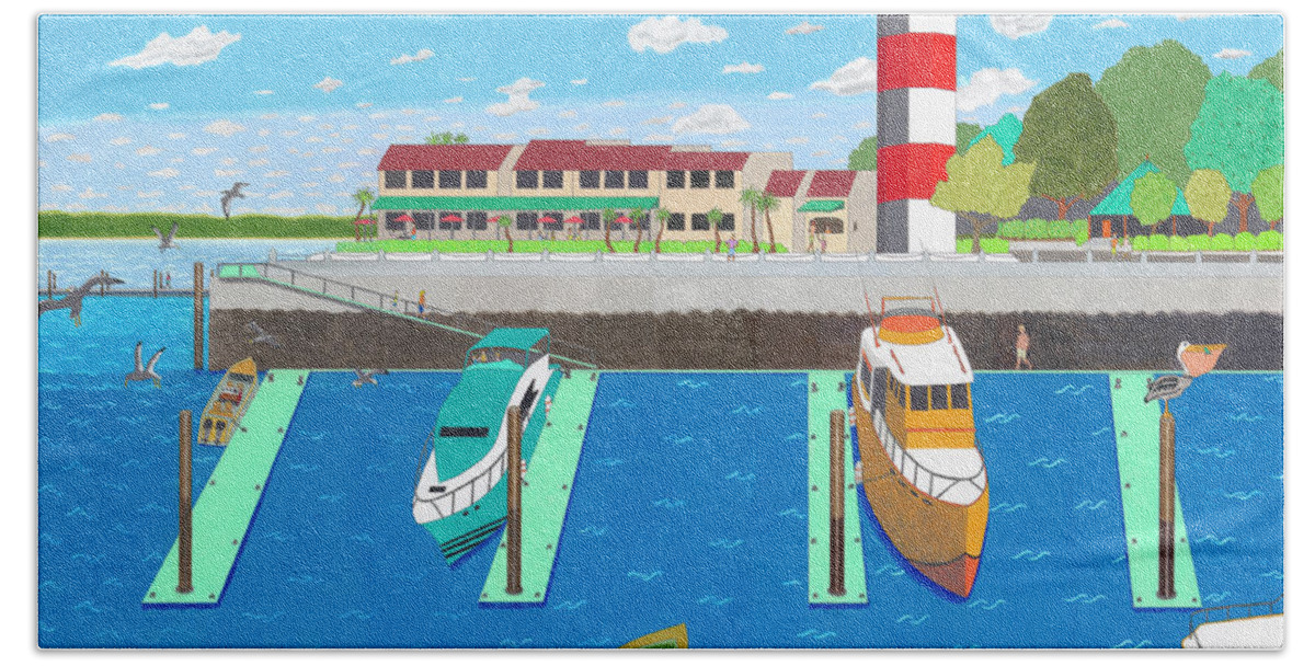 Harbor Town Bath Towel featuring the drawing Harbor Town by John Wiegand