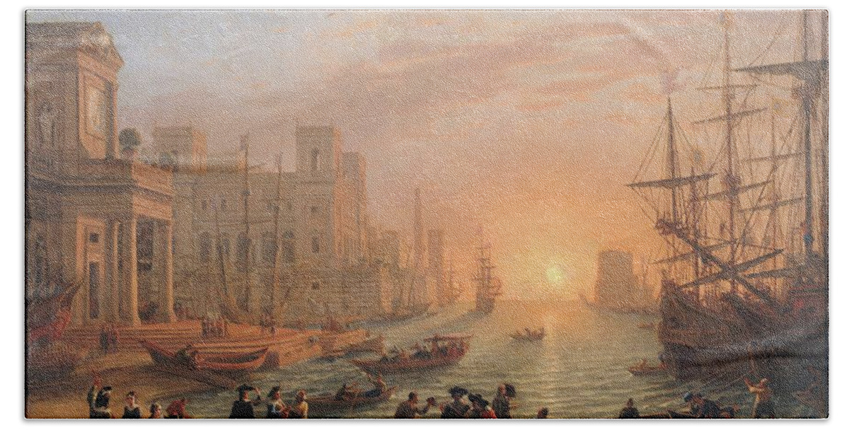 Italy Bath Towel featuring the painting Harbour Scene at Sunset by MotionAge Designs
