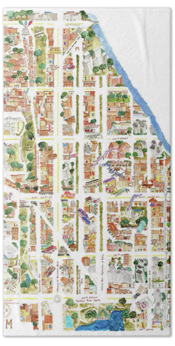 Harlem Hand Towel featuring the painting Harlem Map from 106-155th Streets by Afinelyne
