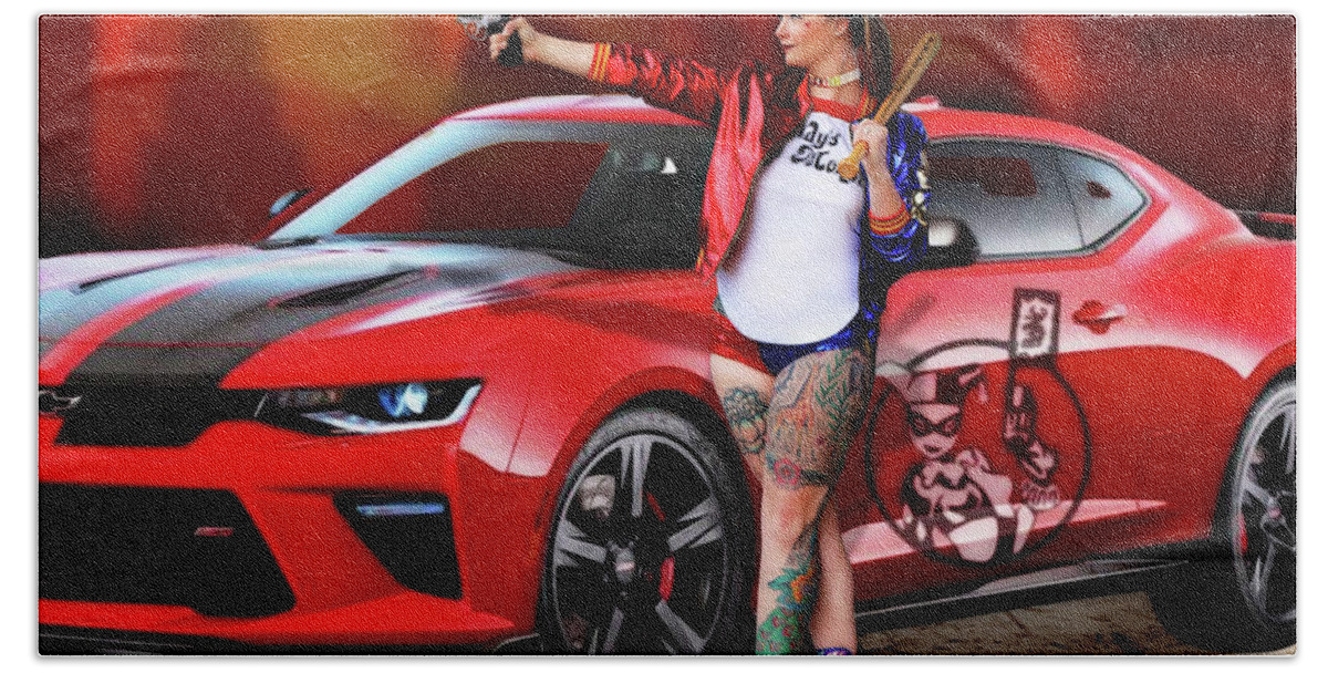 Harley Bath Towel featuring the photograph Harley Quinn Pistols and Car by Jon Volden