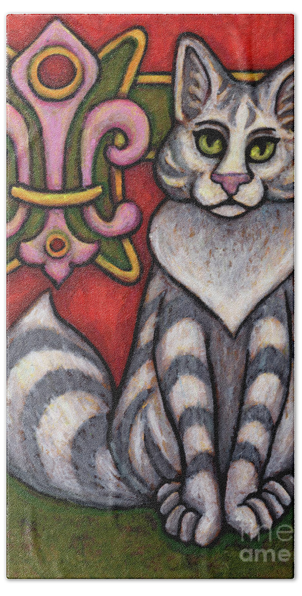 Cat Portrait Bath Towel featuring the painting Harper. The Hauz Katz. Cat Portrait Painting Series. by Amy E Fraser