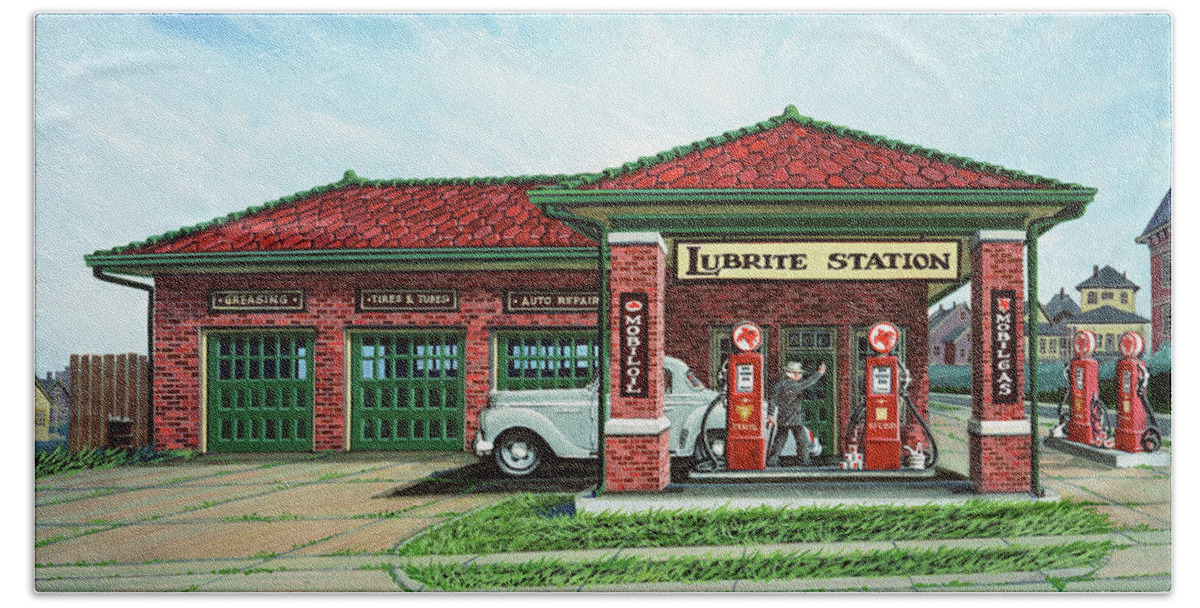 Architectural Landscape Hand Towel featuring the painting Harry Truman's Favorite Gas Station by George Lightfoot