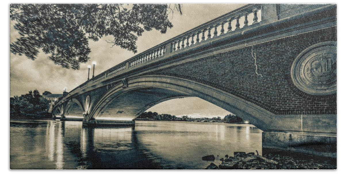 Boston Bridge Hand Towel featuring the photograph Harvard University Weeks Footbridge Panorama From Along The Charles River - Sepia by Gregory Ballos