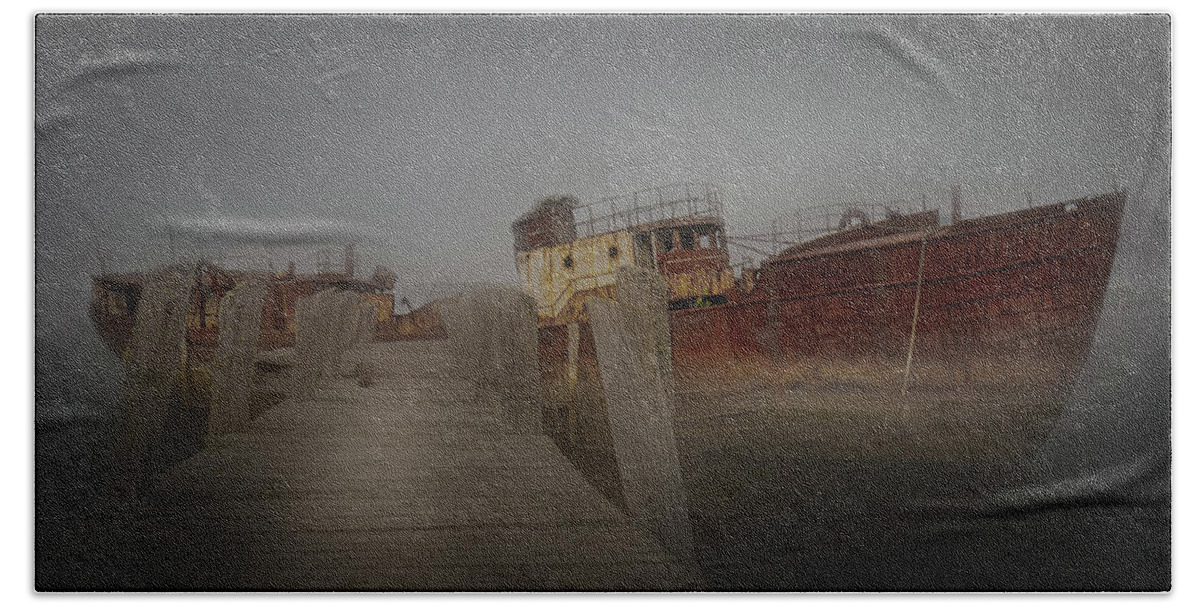 Maine Coast Bath Towel featuring the photograph Haunting Abandoned Trawler by Ron Long Ltd Photography