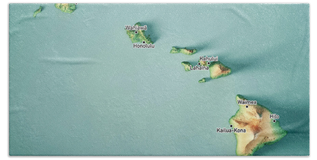 Hawaii Hand Towel featuring the digital art Hawaii 3D Render Topographic Map Cities by Frank Ramspott