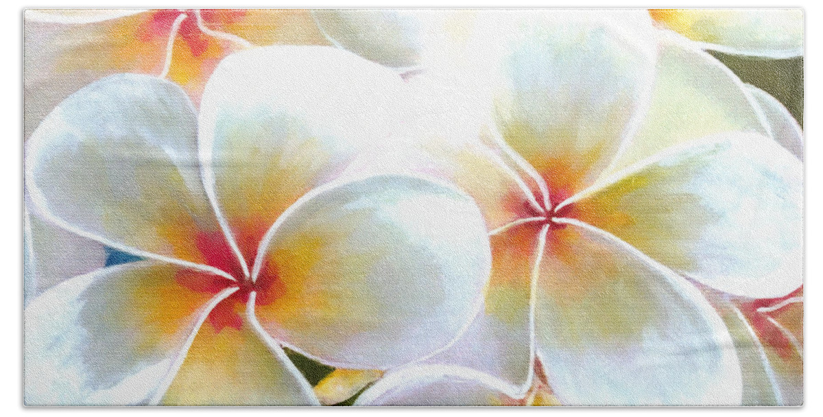 Plumeria Hand Towel featuring the painting Hawaii Plumeria Frangipani Flowers #86 by Donald K Hall