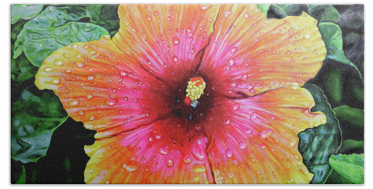 Hibiscus Bath Towel featuring the painting Hawaiian Sunset Hibiscus with Raindrops by Karl Wagner
