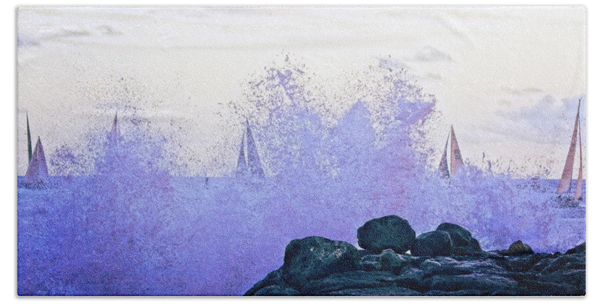 Surreal Bath Towel featuring the photograph Hawaiian Surf And Sails by David Desautel