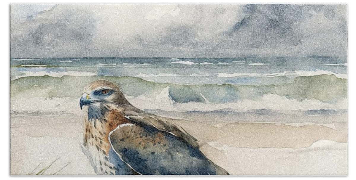 Bird Hand Towel featuring the painting Hawk at beach by N Akkash