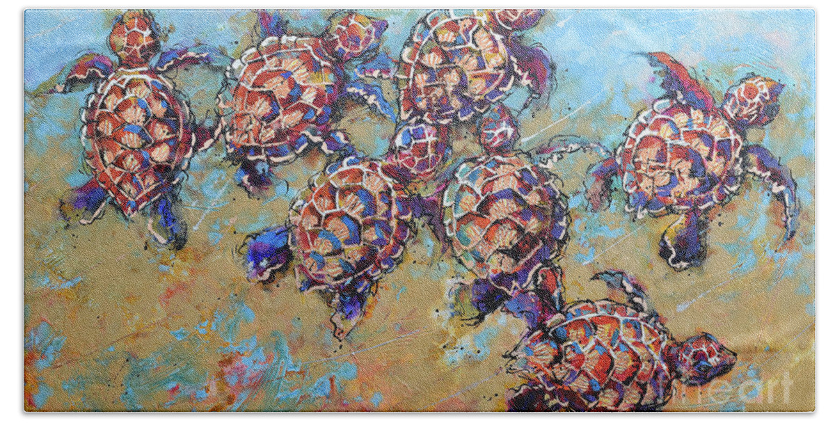 Hawksbill Sea Turtles Babies Bath Towel featuring the painting Hawksbill Sea Turtles Babies by Jyotika Shroff