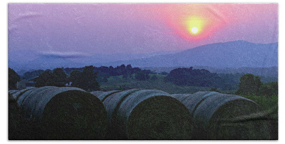 Mountain Sunset Hand Towel featuring the photograph Hay Bales at Sunset, Bedford, VA by The James Roney Collection