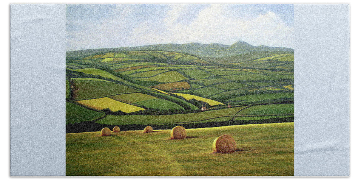 Landscape Bath Towel featuring the painting Hay Bales, Cornwall England by George Lightfoot