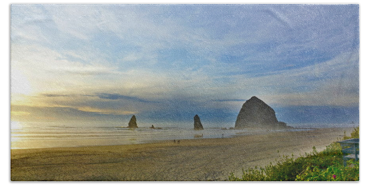 Seascape Bath Towel featuring the photograph Haystack Rock by Bill TALICH