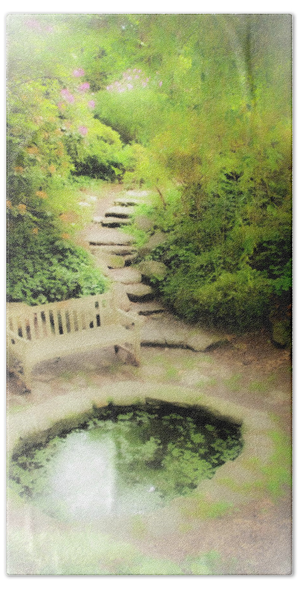 Pond Water Bench Stone Steps Fog Bath Towel featuring the photograph Hazy Pond by John Linnemeyer