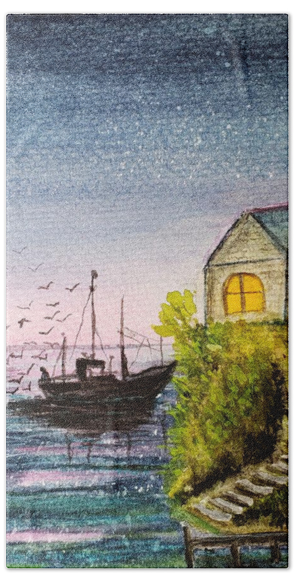 Fishing Bath Towel featuring the painting Heading Home by Deahn Benware