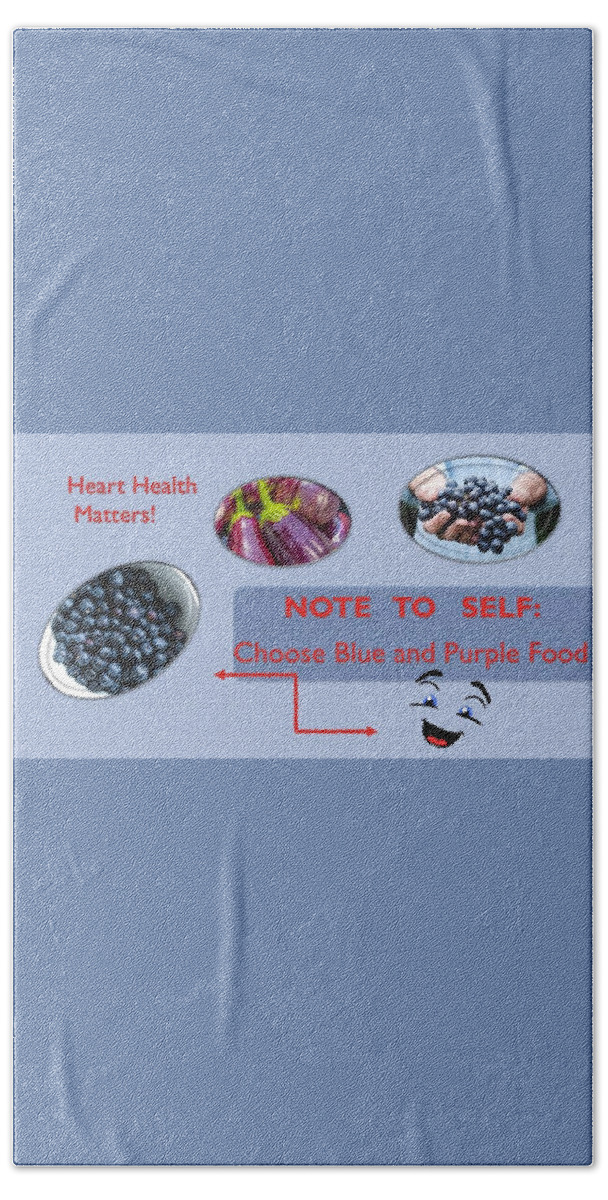 Heart Bath Towel featuring the mixed media Heart Health Blue and Purple Foods by Nancy Ayanna Wyatt