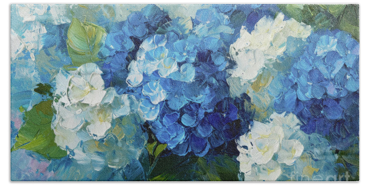 Hydrangea Flowers Hand Towel featuring the painting Heavenly Blue Hygrangea Flowers by Tina LeCour