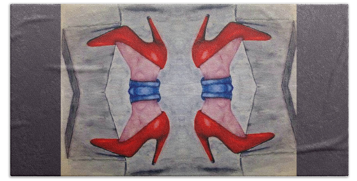 The Entranceway Bath Towel featuring the mixed media Heels over Heels by Ronald Mills