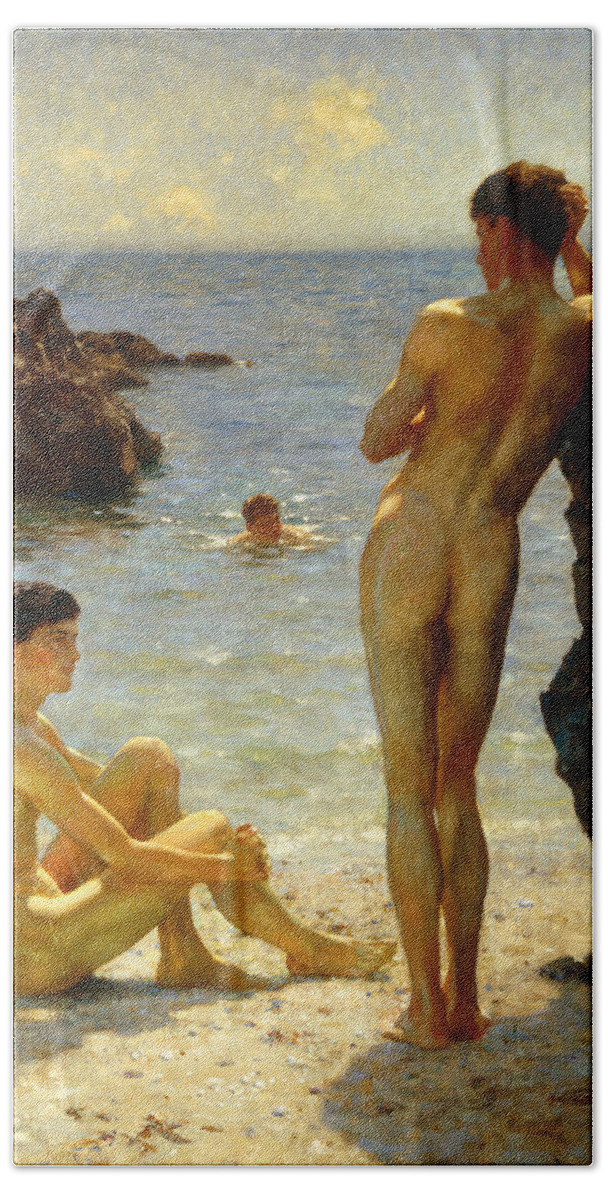 Nude Hand Towel featuring the painting Lovers of the Sun by Henry Scott Tuke