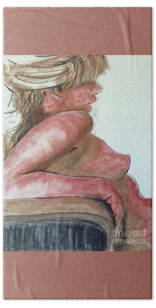 Life Drawing Bath Towel featuring the drawing Her Bangs by PJ Kirk