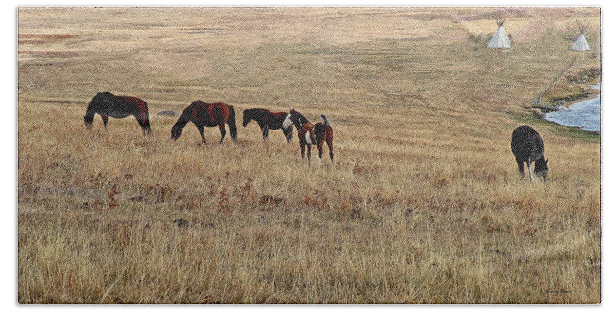 Horses Bath Towel featuring the photograph Herd on a Hill with High-Tailed Colt by Tracey Vivar